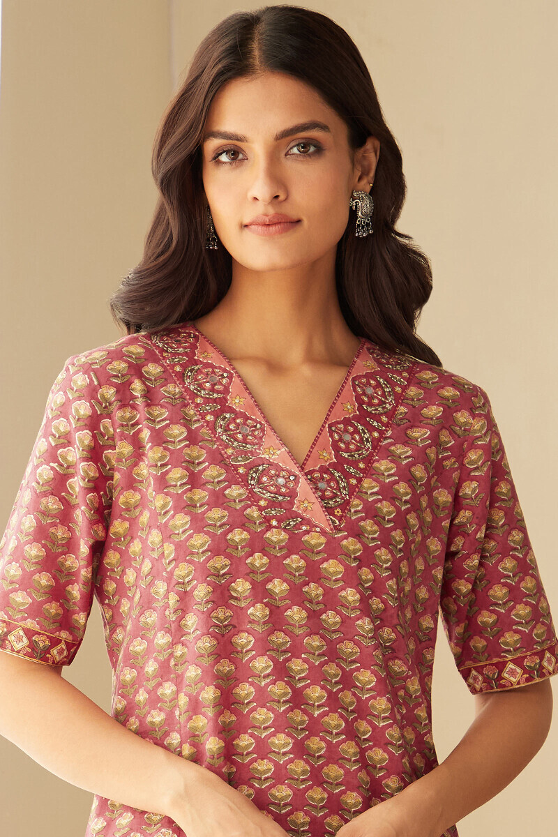 Pink Hand Block-Printed Straight Cotton Kurta