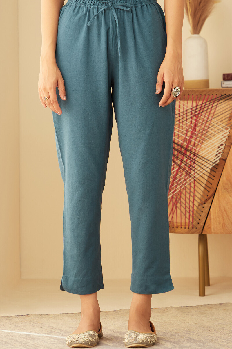 Blue Handcrafted Cotton Flax Narrow Pants