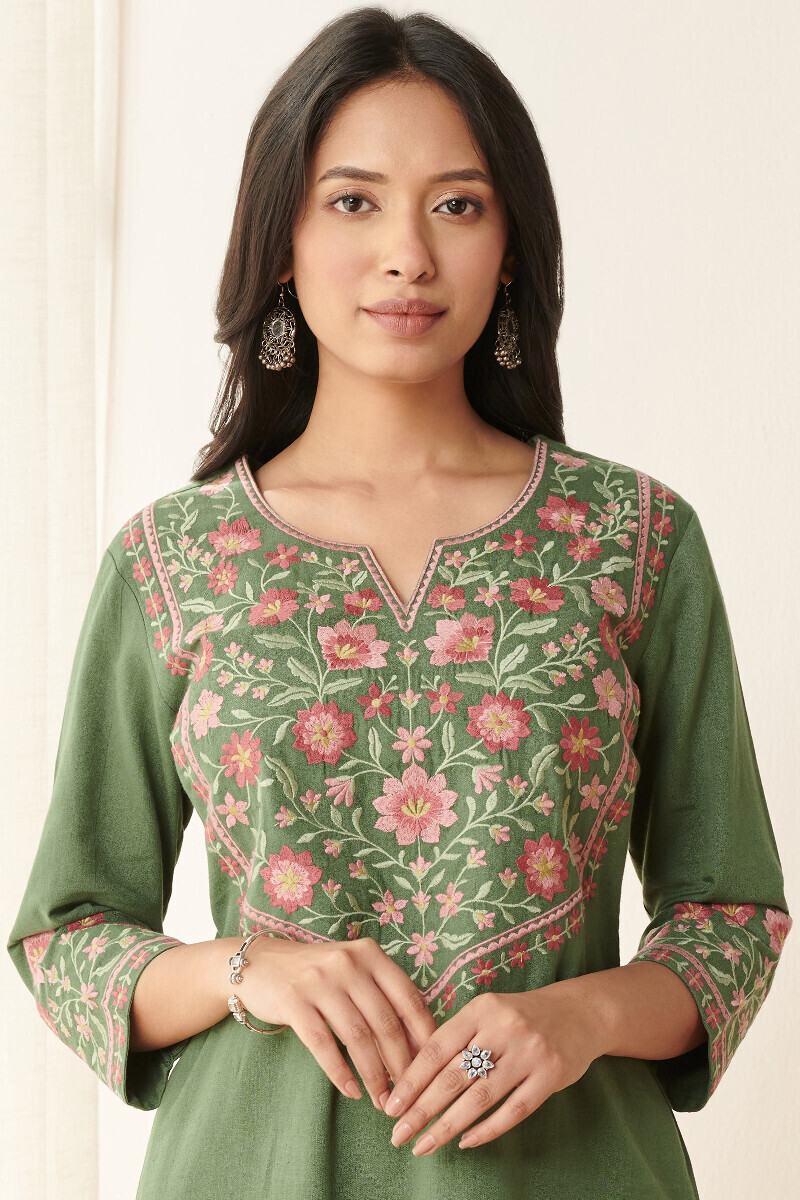 Green Handcrafted Straight Cotton Flax Kurta