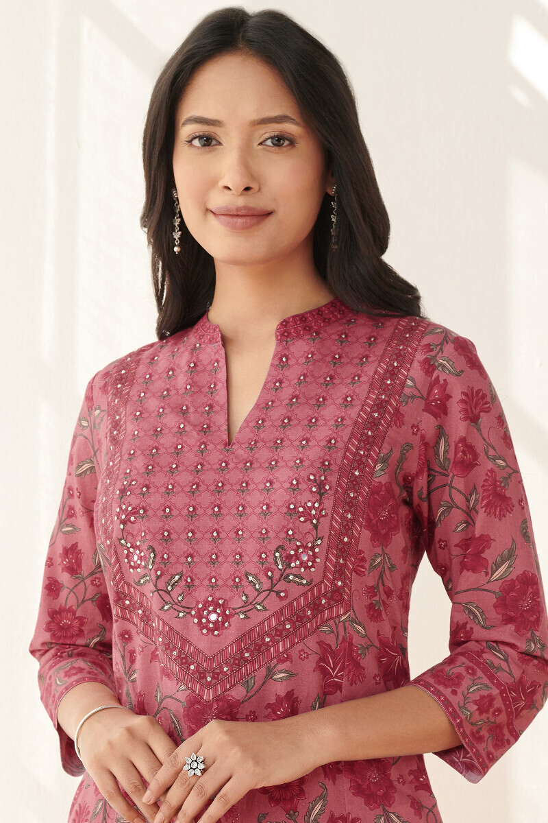 Pink Printed Straight Cotton Kurta
