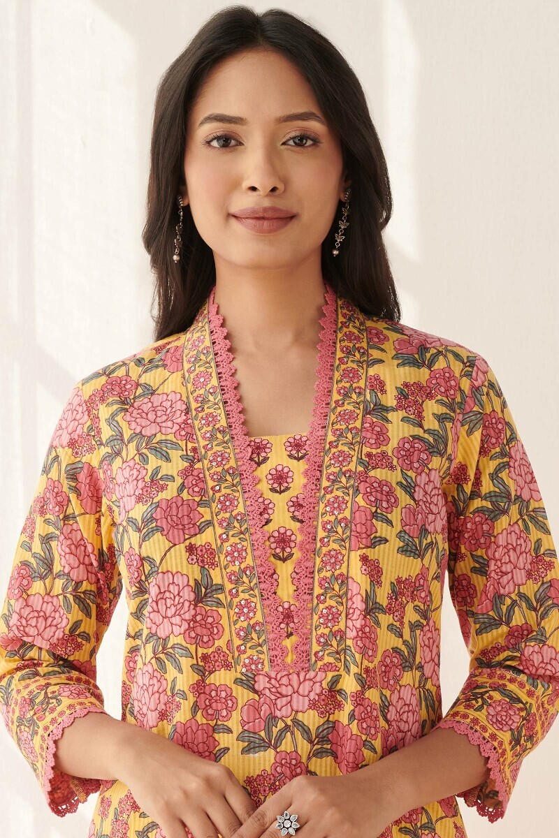 Yellow Hand Printed Straight Cotton Dobby Kurta