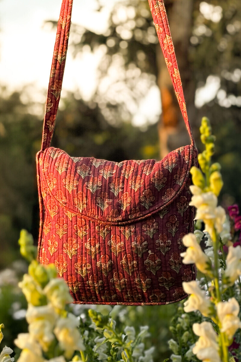 Mauve Hand Block Printed Cotton Dobby Cross Body Bag