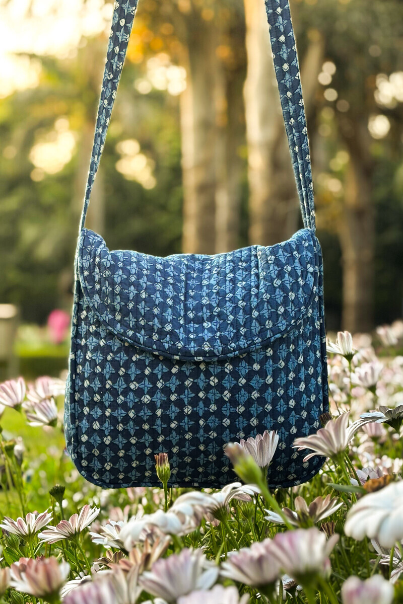 Blue Hand Block Printed Cotton Cross Body Bag