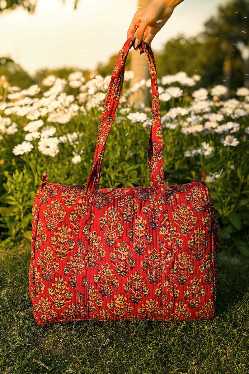 Red Hand Block Printed Holdall Bag