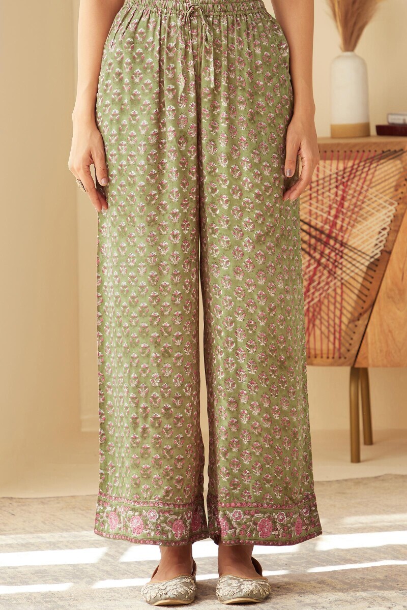 Olive Green Hand Block-Printed Viscose Farsi