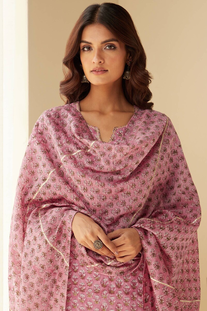 Purple Hand Block-Printed Chanderi Dupatta