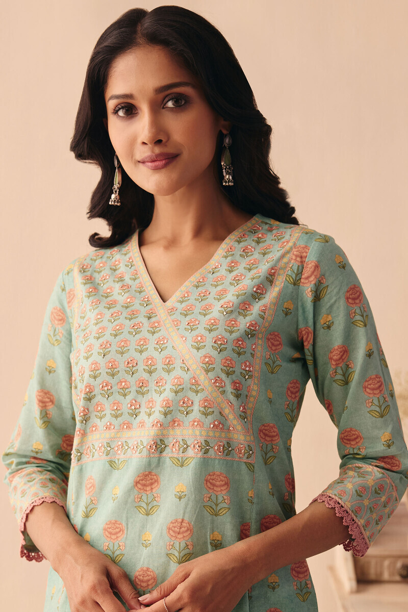 Blue Printed Straight Cotton Kurta