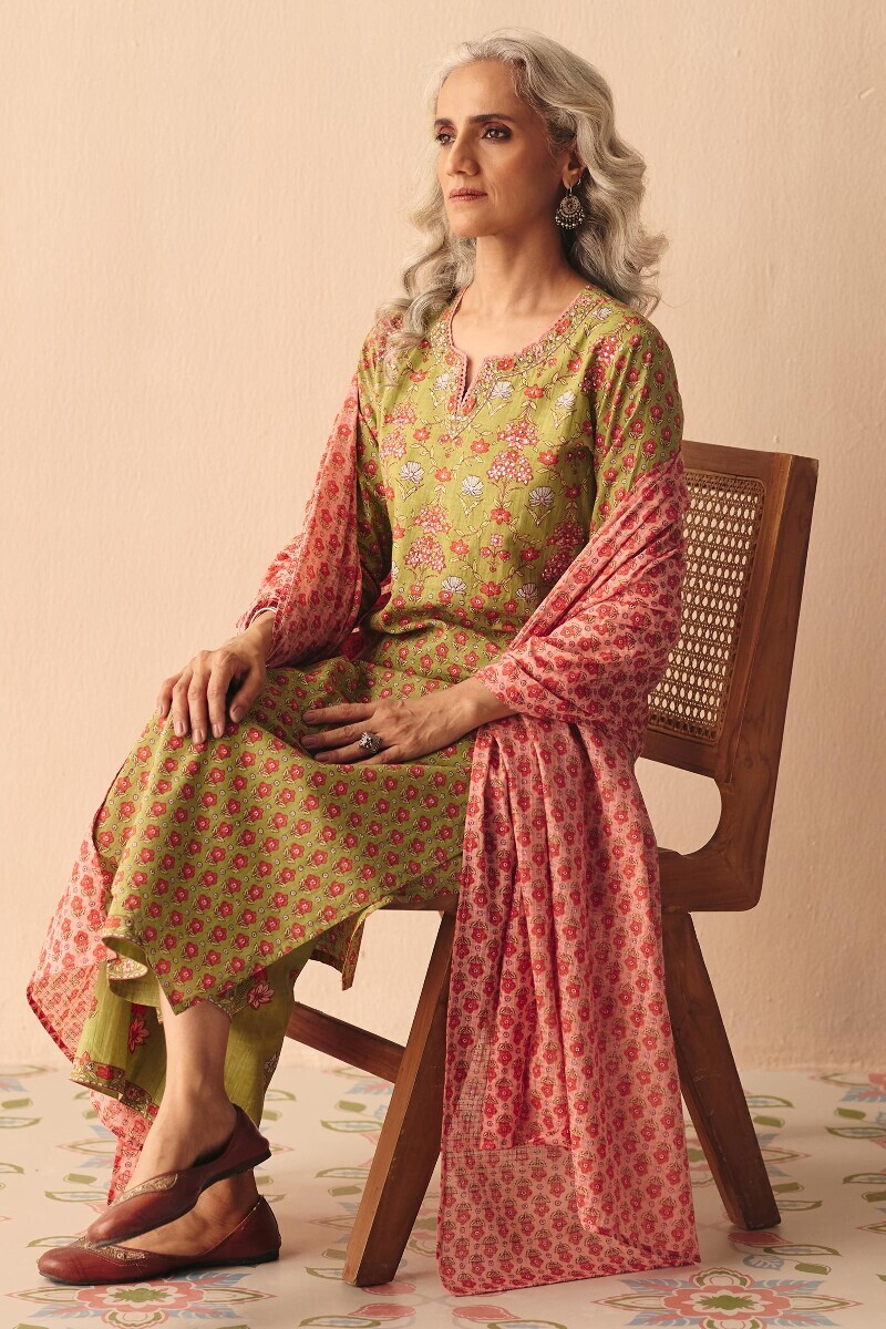 Green Hand Printed Straight Cotton Slub Kurta