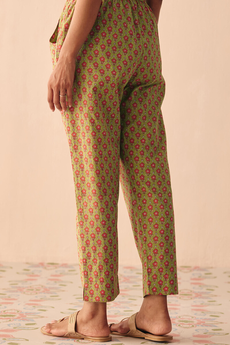 Green Hand Printed Cotton Slub Narrow Pants