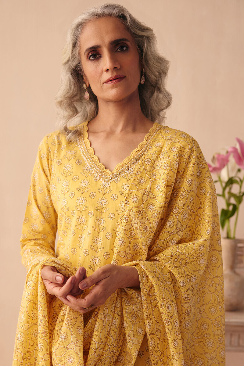 Yellow Hand Printed Kota Dupatta
