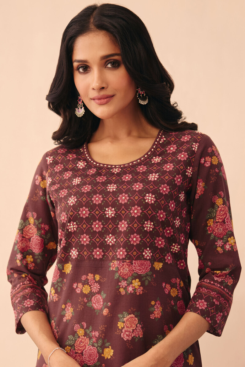 Brown Printed Straight Cotton Kurta