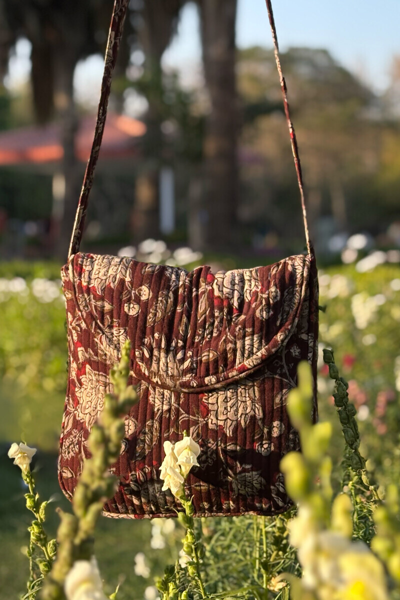 Brown Hand Block Printed Cotton Flax Cross Body Bag
