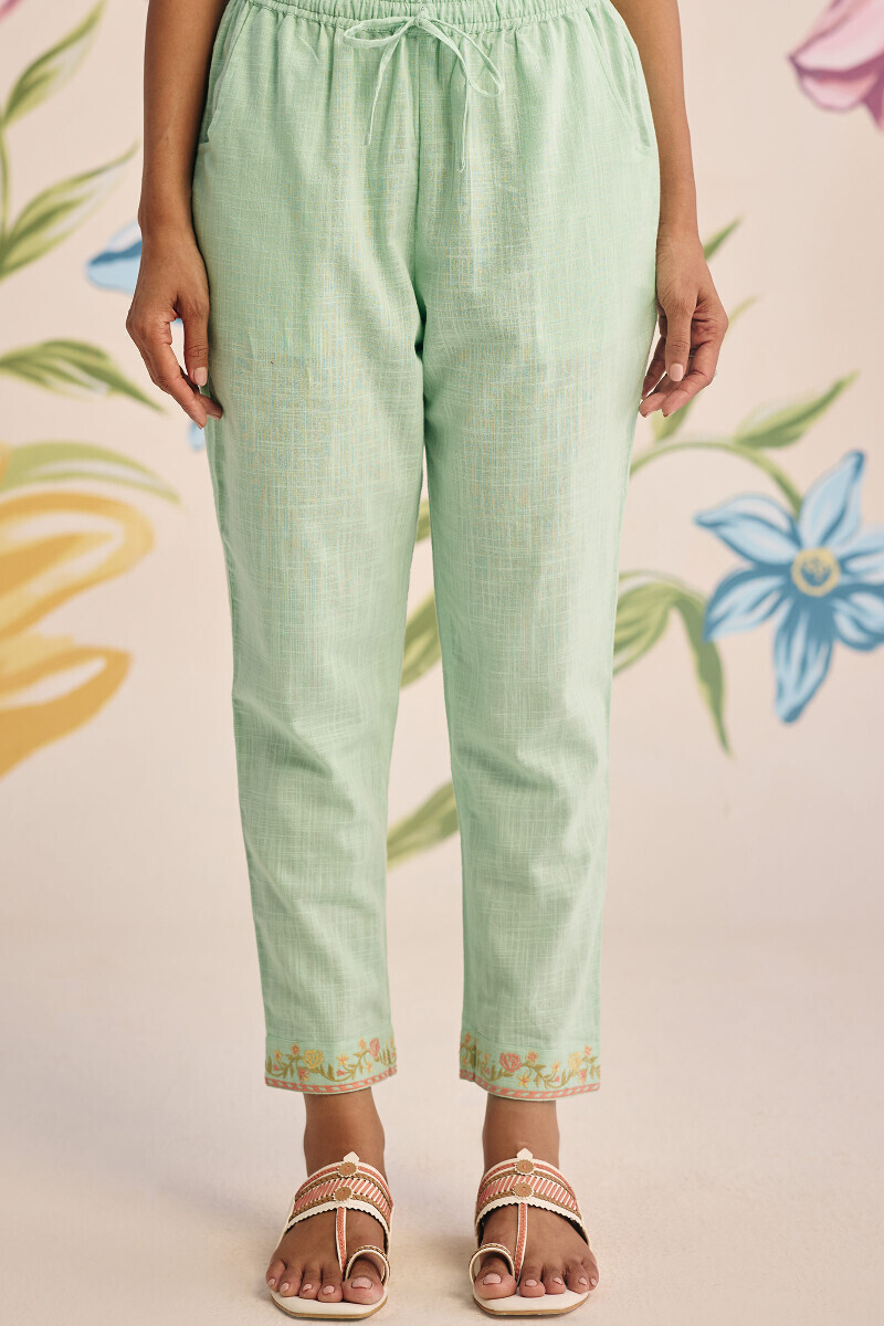 Green Handcrafted Gauze Slub Narrow Pants