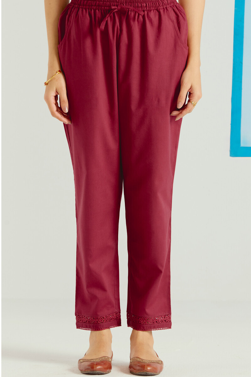 Red Handcrafted Cotton Narrow Pants
