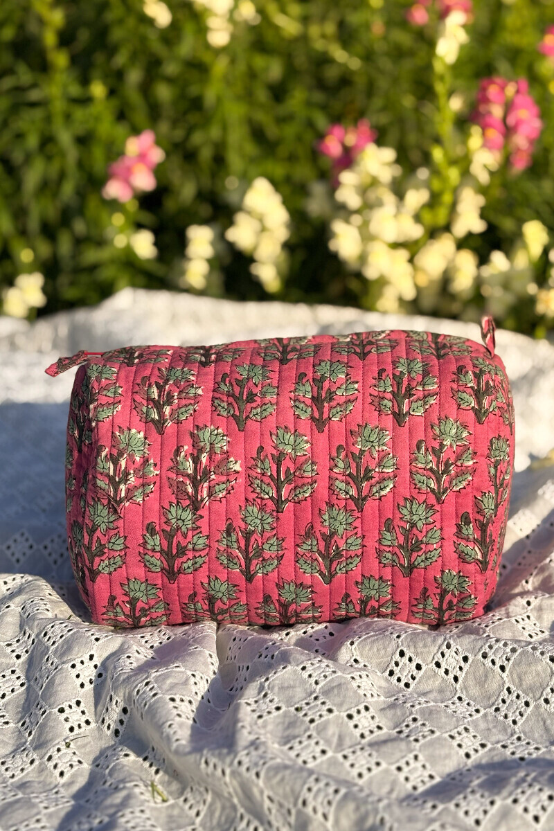 Pink Hand Block Printed Cotton Toiletry Pouch