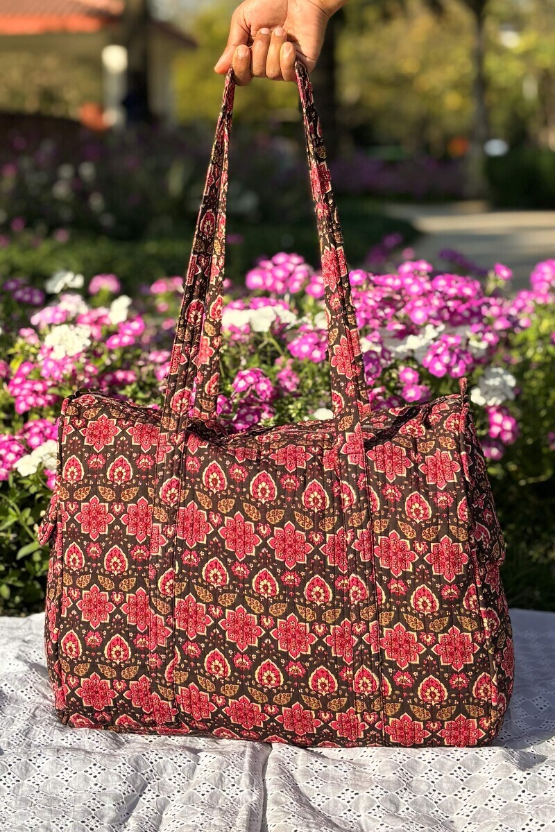 Brown Hand Printed Cotton Holdall Bag