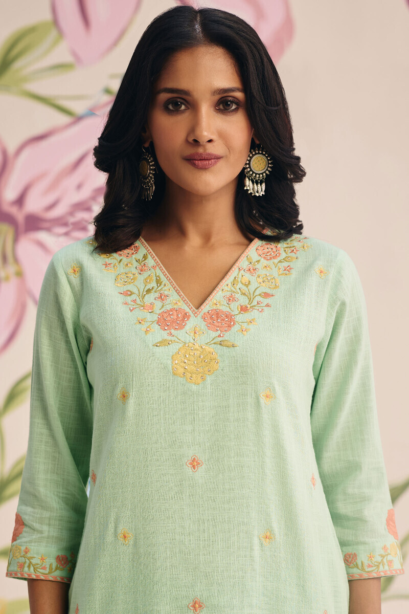 Green Handcrafted Straight Gauze Slub Kurta