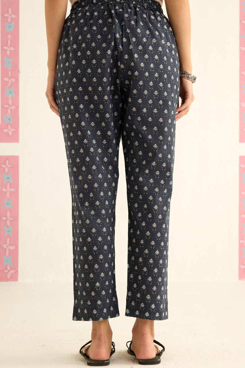 Grey Hand Printed Cotton Dobby Narrow Pants
