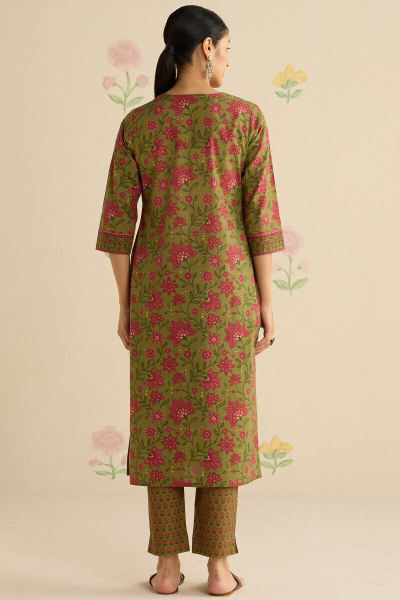 Green Printed Straight Cotton Kurta