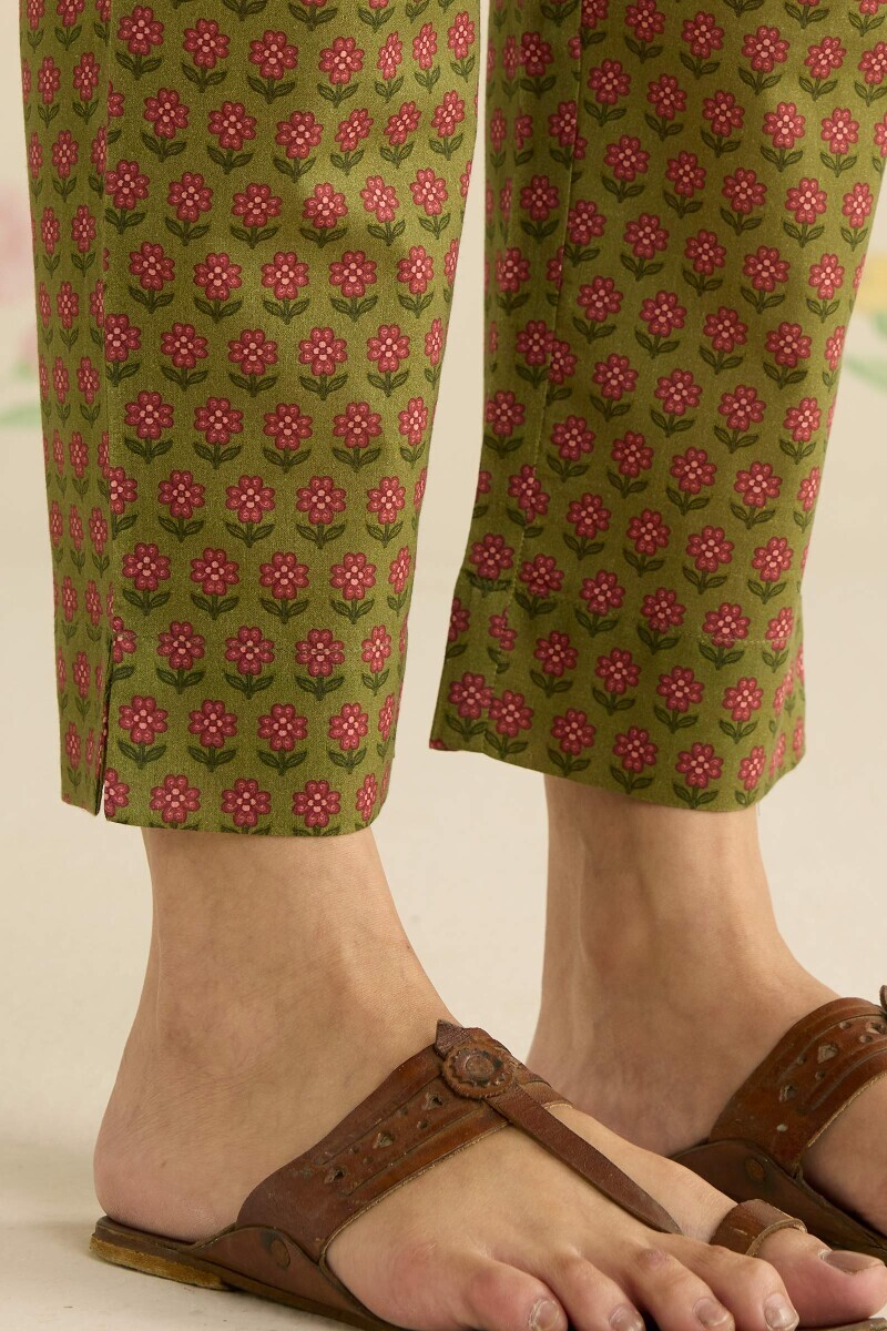 Green Printed Cotton Narrow Pants