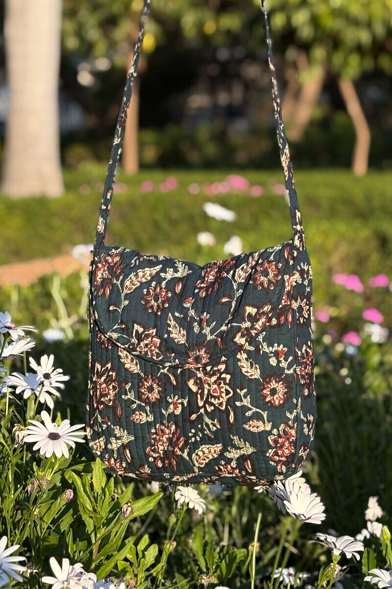 Teal Hand Block Printed Cotton Cross Body Bag