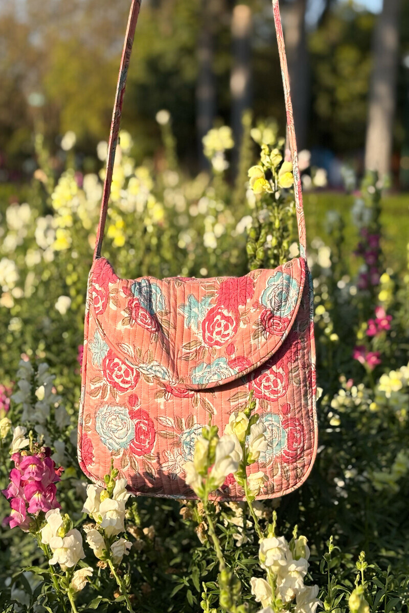 Peach Hand Block Printed Cotton Cross Body Bag