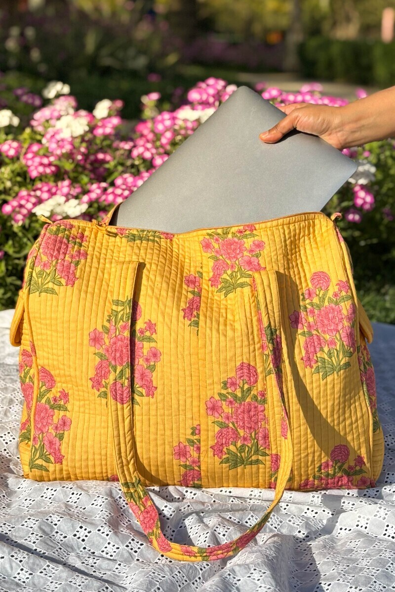 Yellow Printed Cotton Holdall Bag
