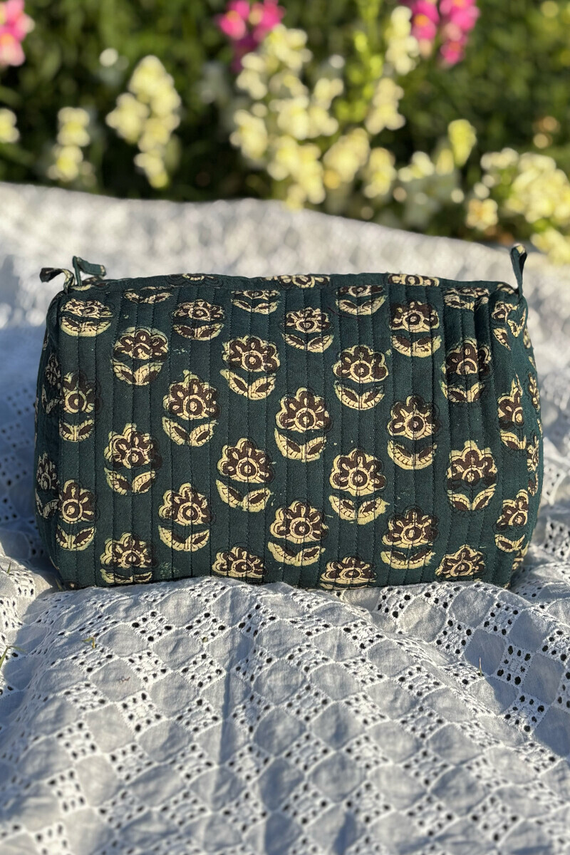 Teal Hand Block Printed Cotton Toiletry Pouch