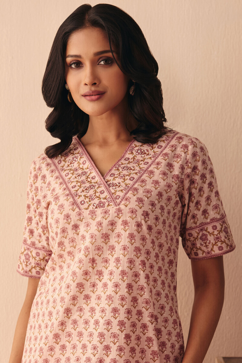 Pink Hand Printed Straight Cotton Dobby Kurta