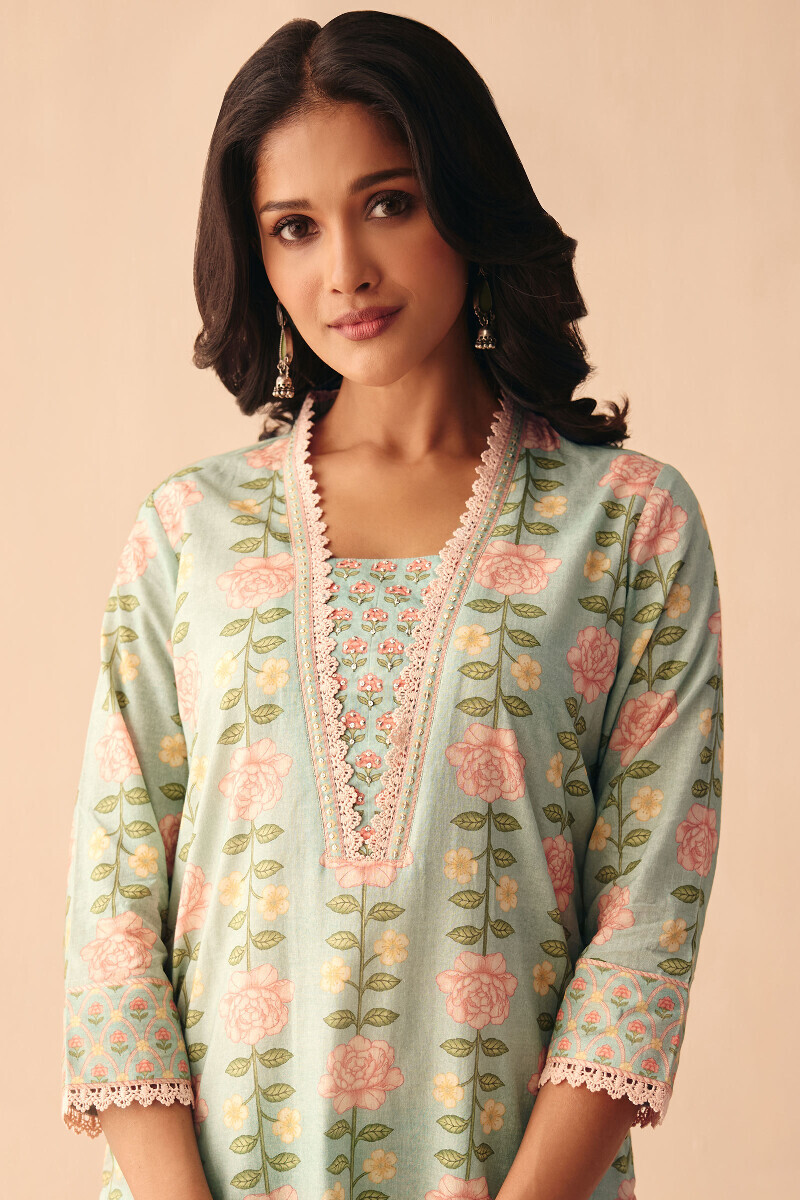 Blue Printed Straight Cotton Kurta