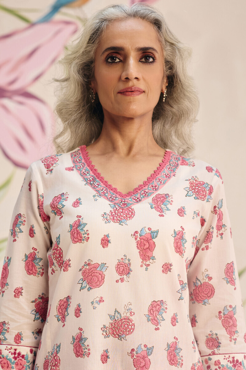 White Hand Block Printed Straight Cotton Kurta