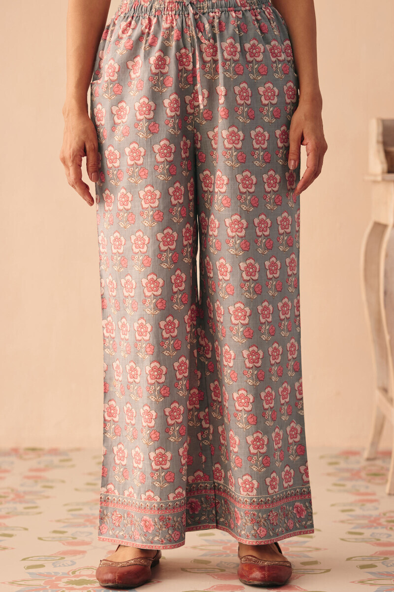 Grey Hand Printed Cotton Slub Farsi