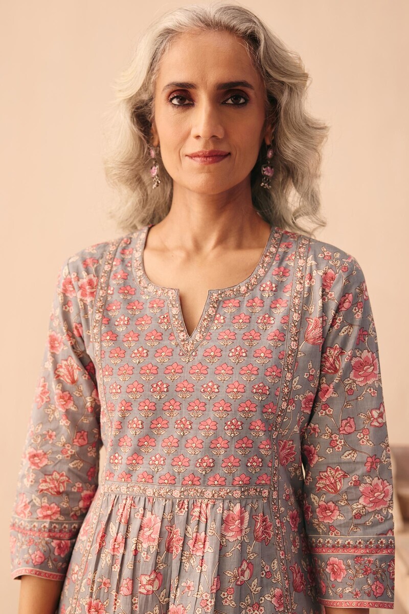 Grey Hand Printed A-Line Cotton Slub Kurta