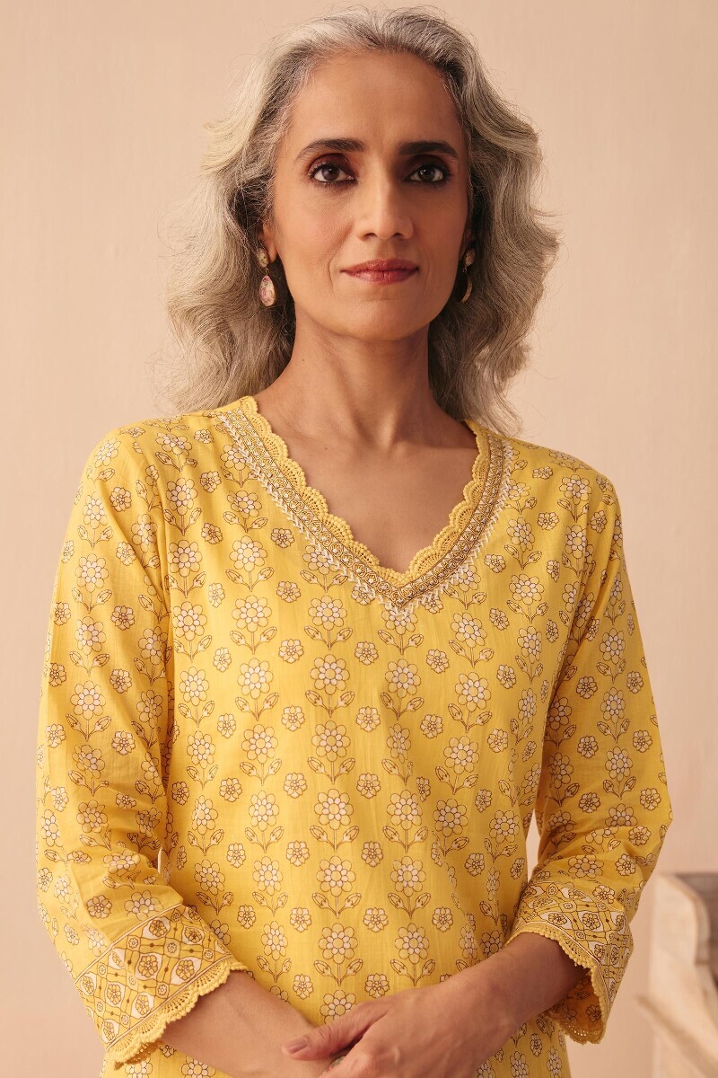 Yellow Hand Printed Straight Cotton Kurta
