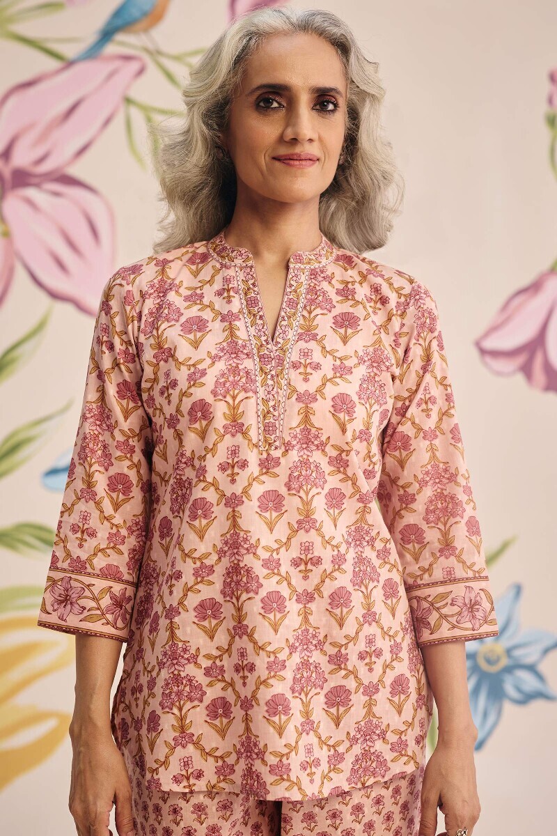 Pink Hand Printed Cotton Dobby Loungewear Set