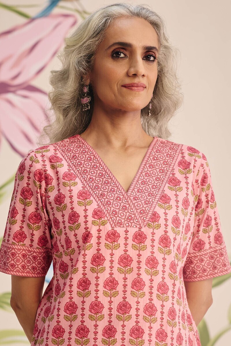 Pink Hand Printed Straight Cotton Kurta
