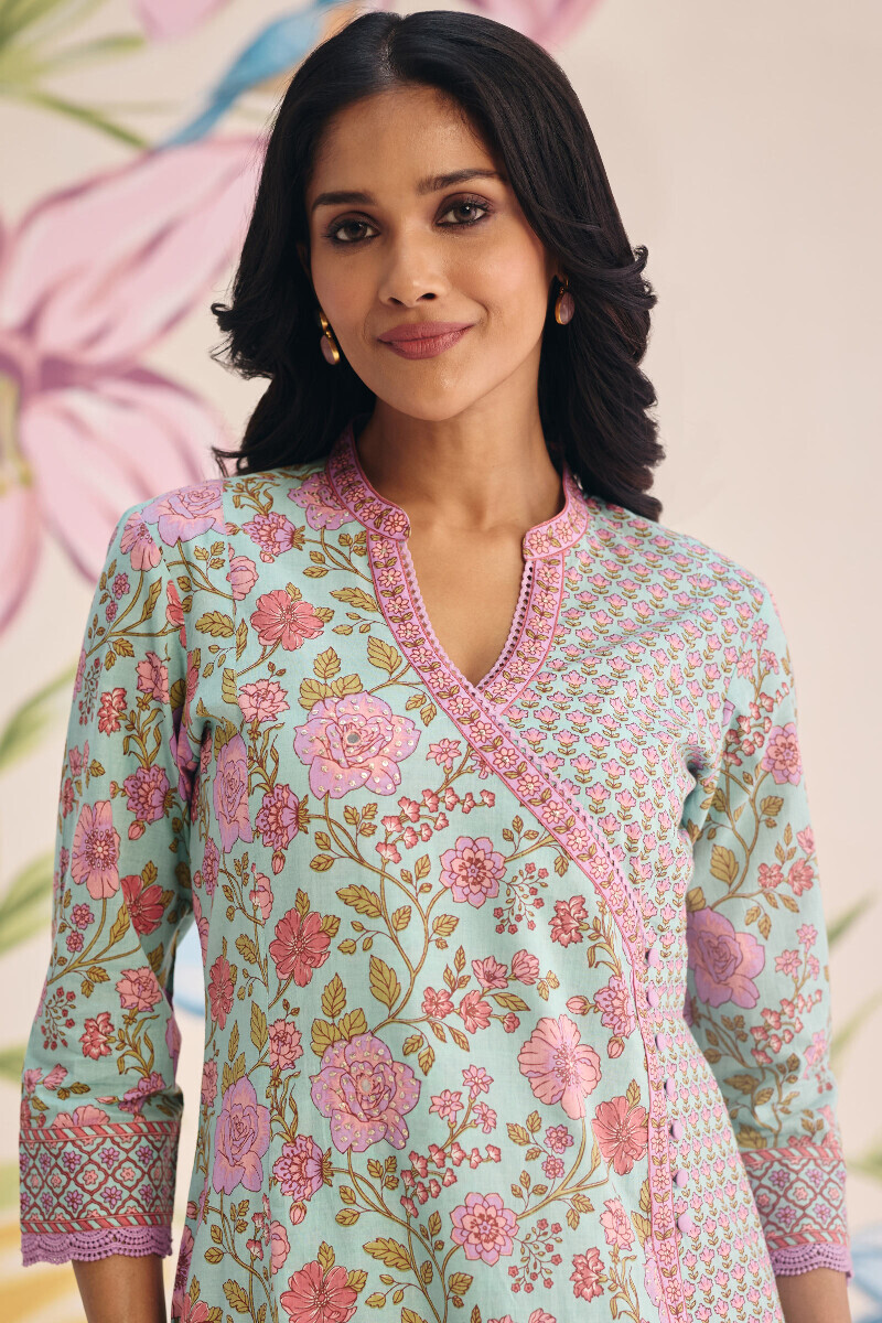 Blue Hand Printed Angrakha Cotton Kurta