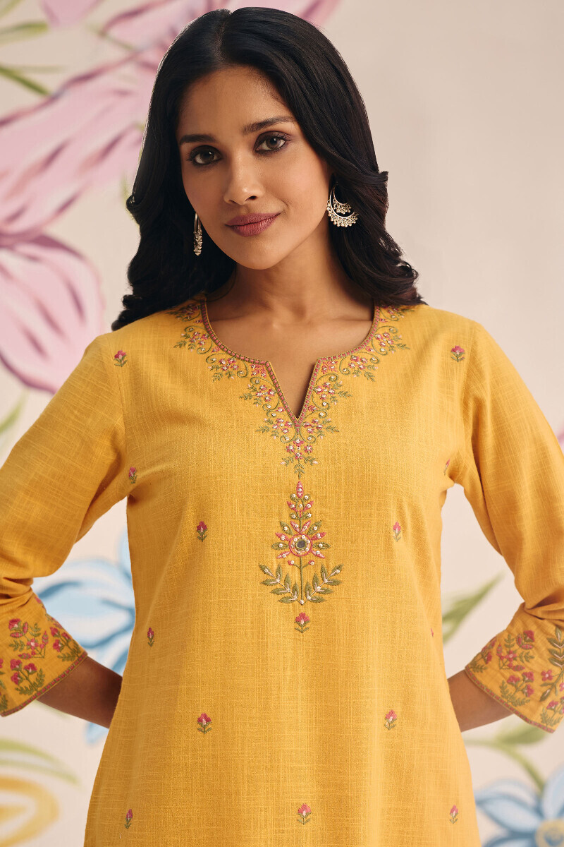 Mustard Handcrafted Straight Gauze Slub Kurta