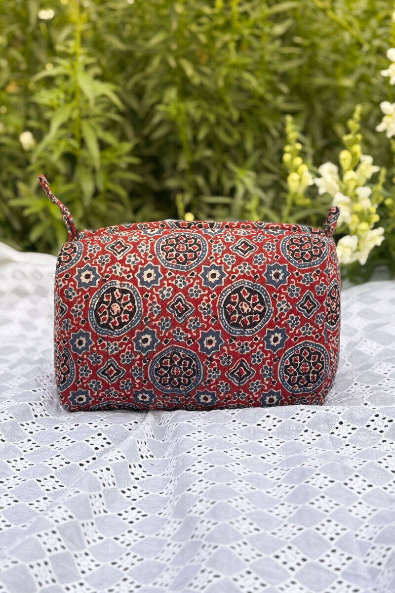 Red Hand Block Printed Cotton Toiletry Pouch