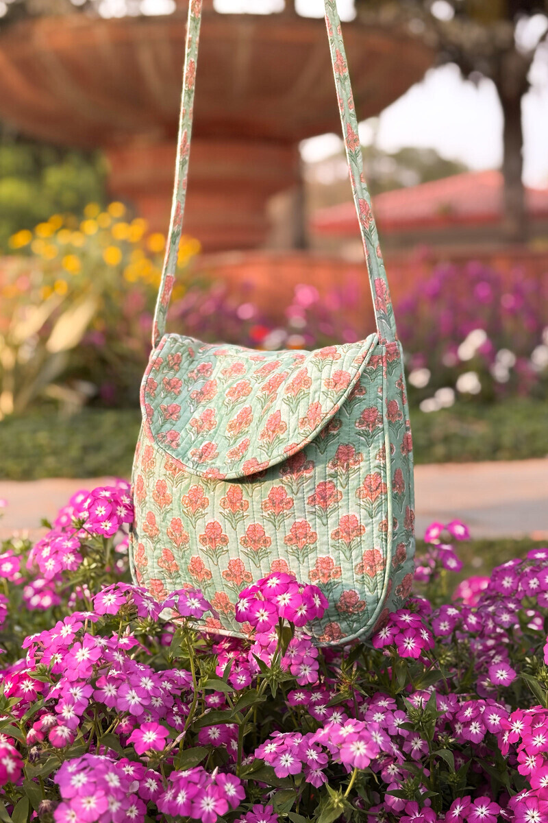Green Hand Block Printed Cotton Cross Body Bag