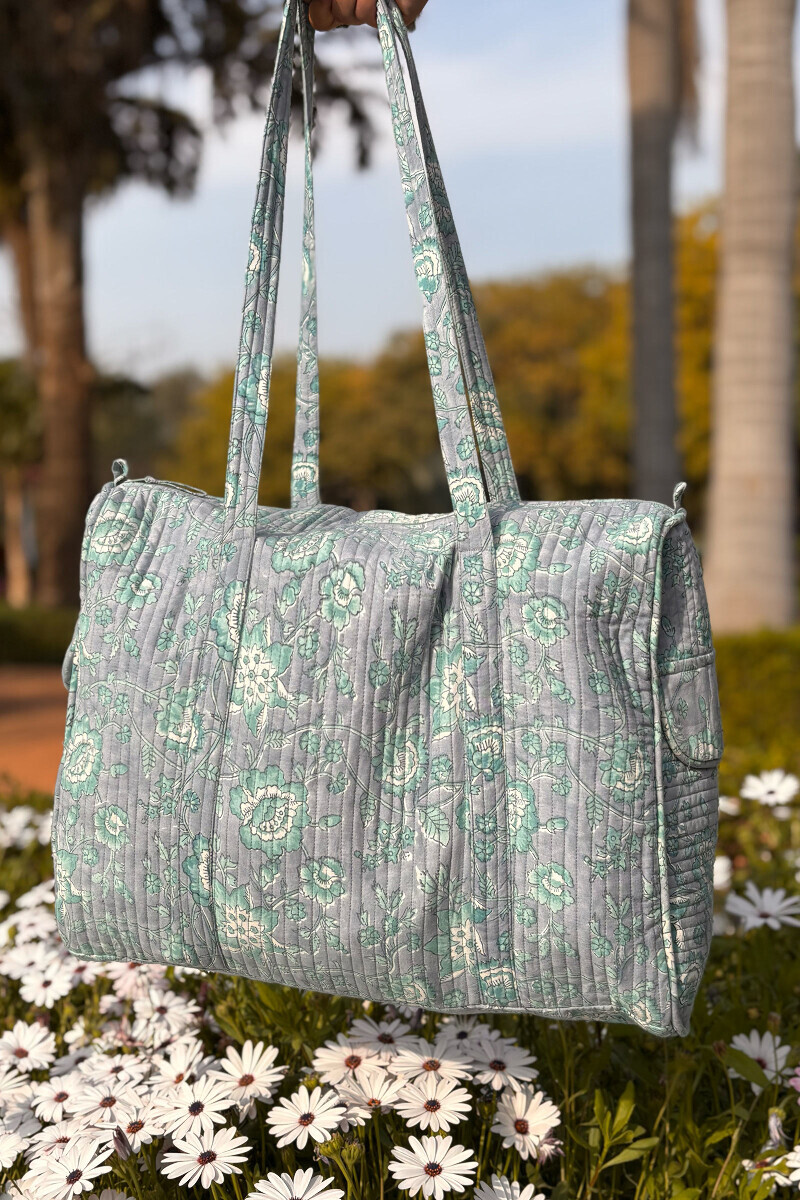 Grey Hand Block Printed Cotton Holdall Bag