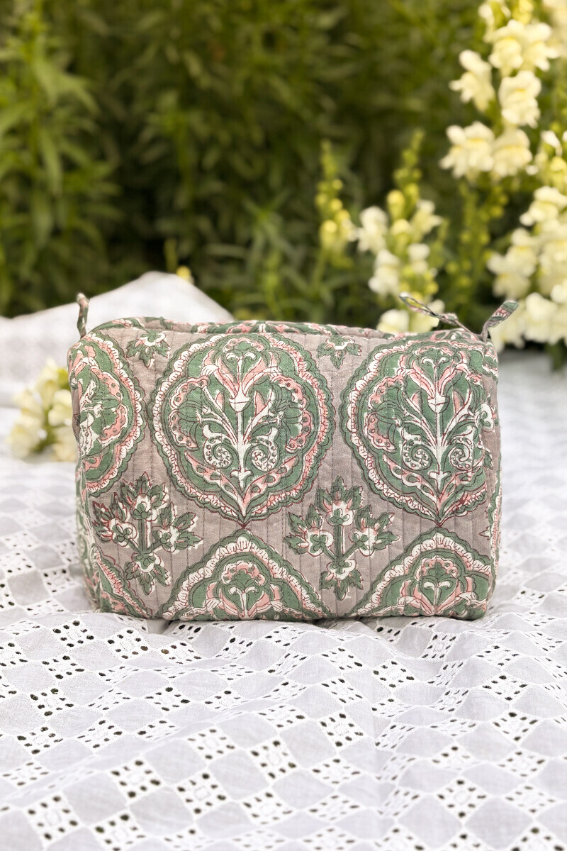 Grey Hand Block-Printed Cotton Slub Vanity Pouch