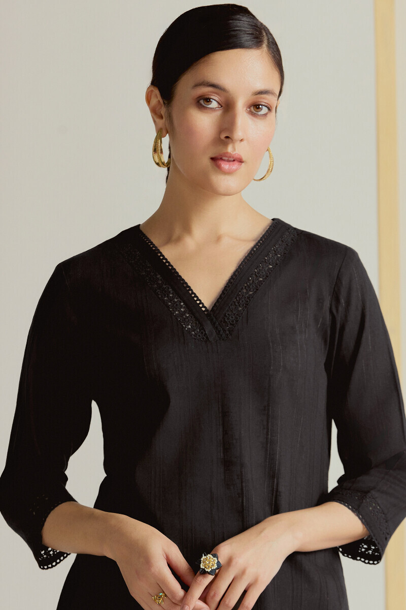 Black Handcrafted Straight Cotton Dobby Kurta