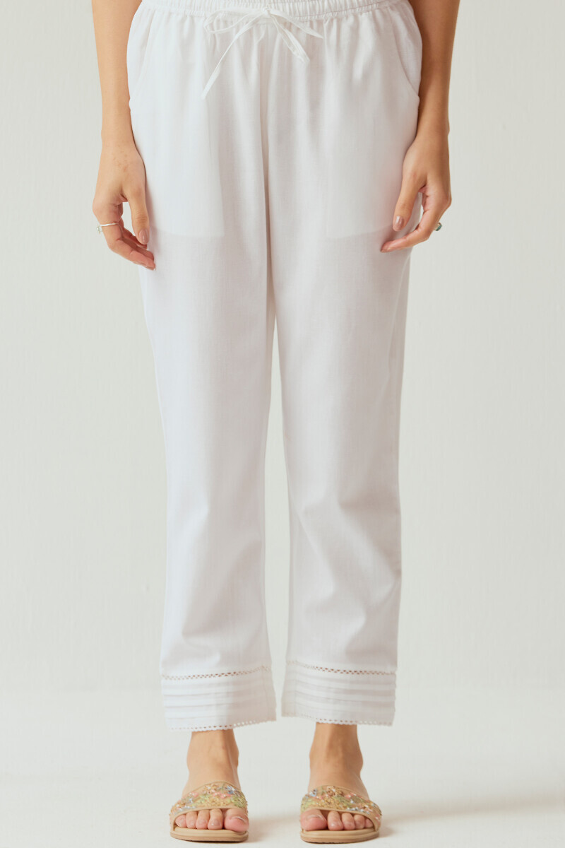 White Handcrafted Cotton Flax Narrow Pants