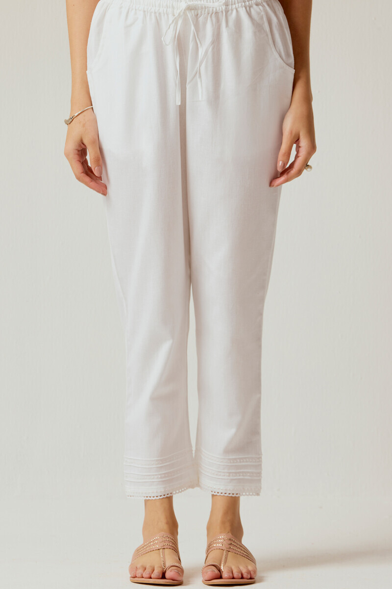 White Handcrafted Cotton Flax Narrow Pants