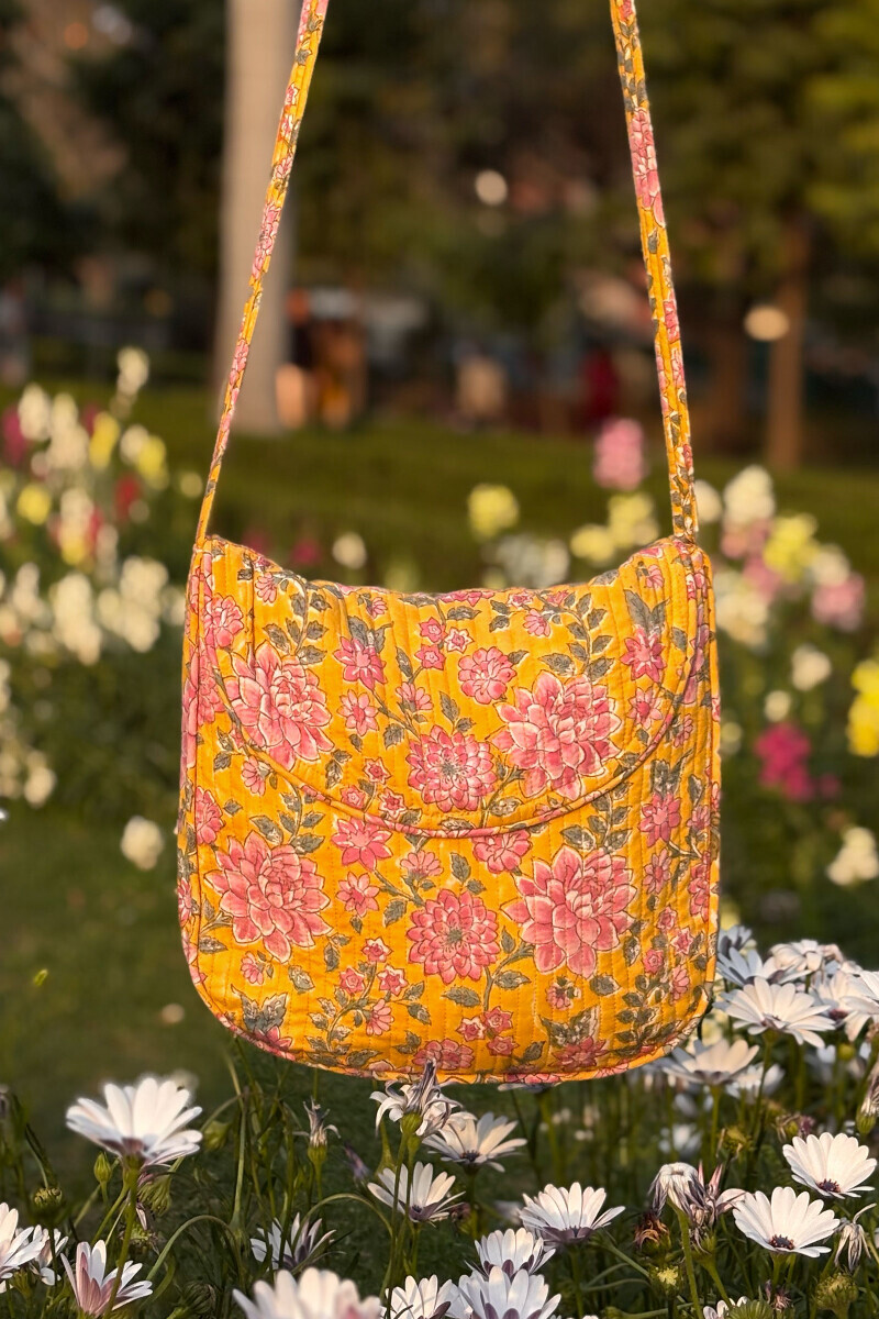 Yellow Hand Block Printed Cotton Cross Body Bag