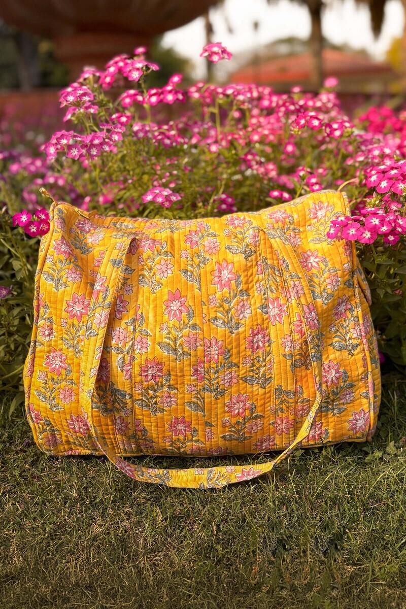 Yellow Hand Block Printed Cotton Holdall Bag