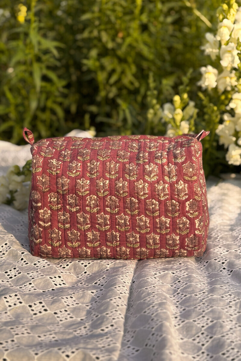 Pink Hand Block-Printed Cotton Vanity Pouch