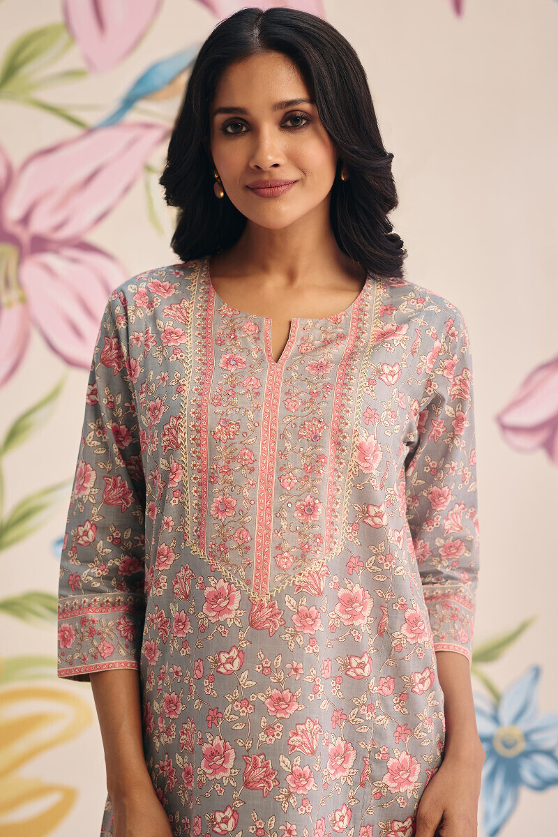 Grey Hand Printed Cotton Slub Kaftan