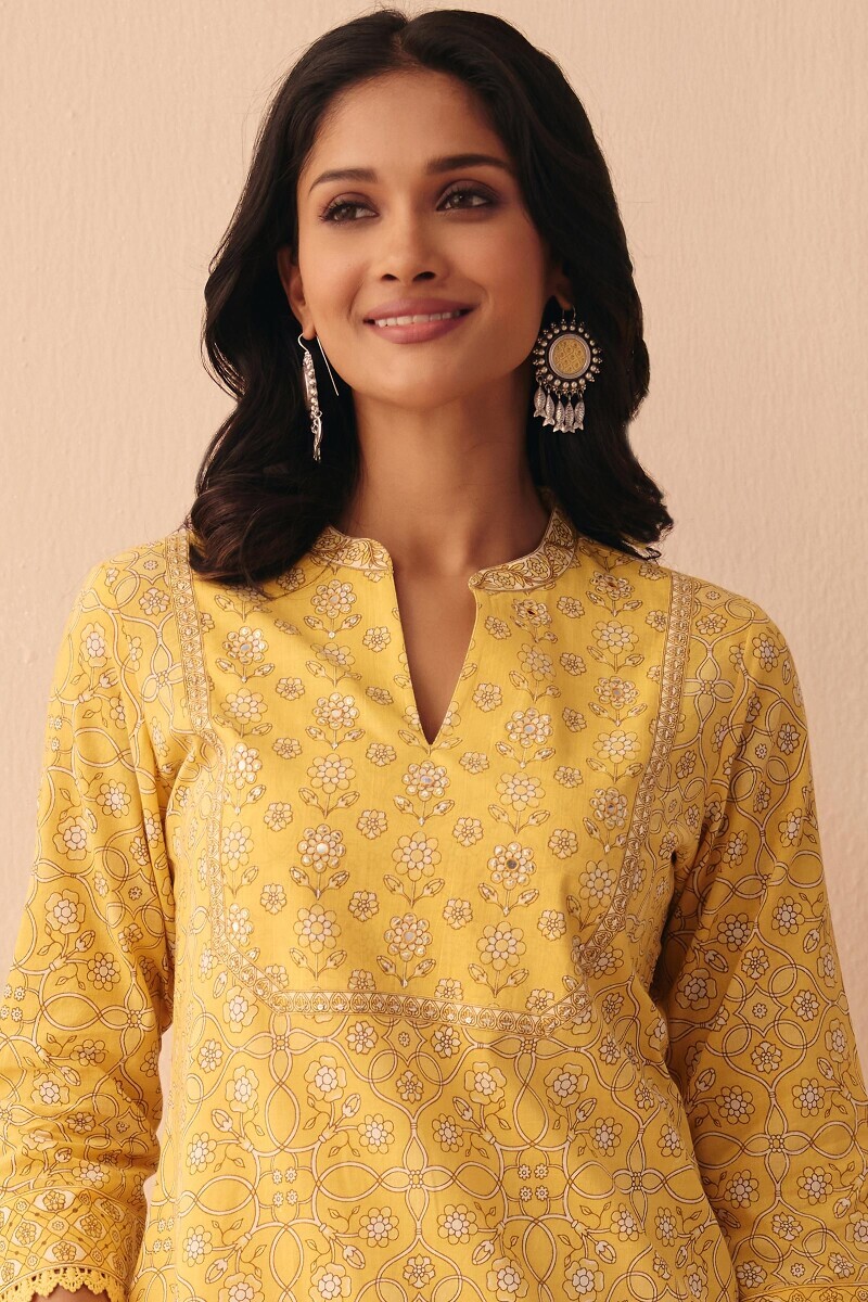 Yellow Hand Printed Straight Cotton Kurta